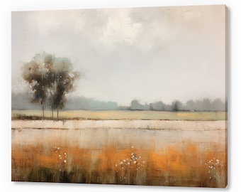 Vintage Meadow Country Landscape, Antique Countryside Print, Moody Painting Canvas Print, Living Room Wall Art, Farmhouse Decor Art