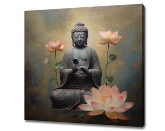 May include: A serene painting of a meditating Buddha statue in a seated position with a peaceful expression. The statue is surrounded by three pink lotus flowers with green stems and leaves. The background is a soft, muted blue and green watercolor wash.