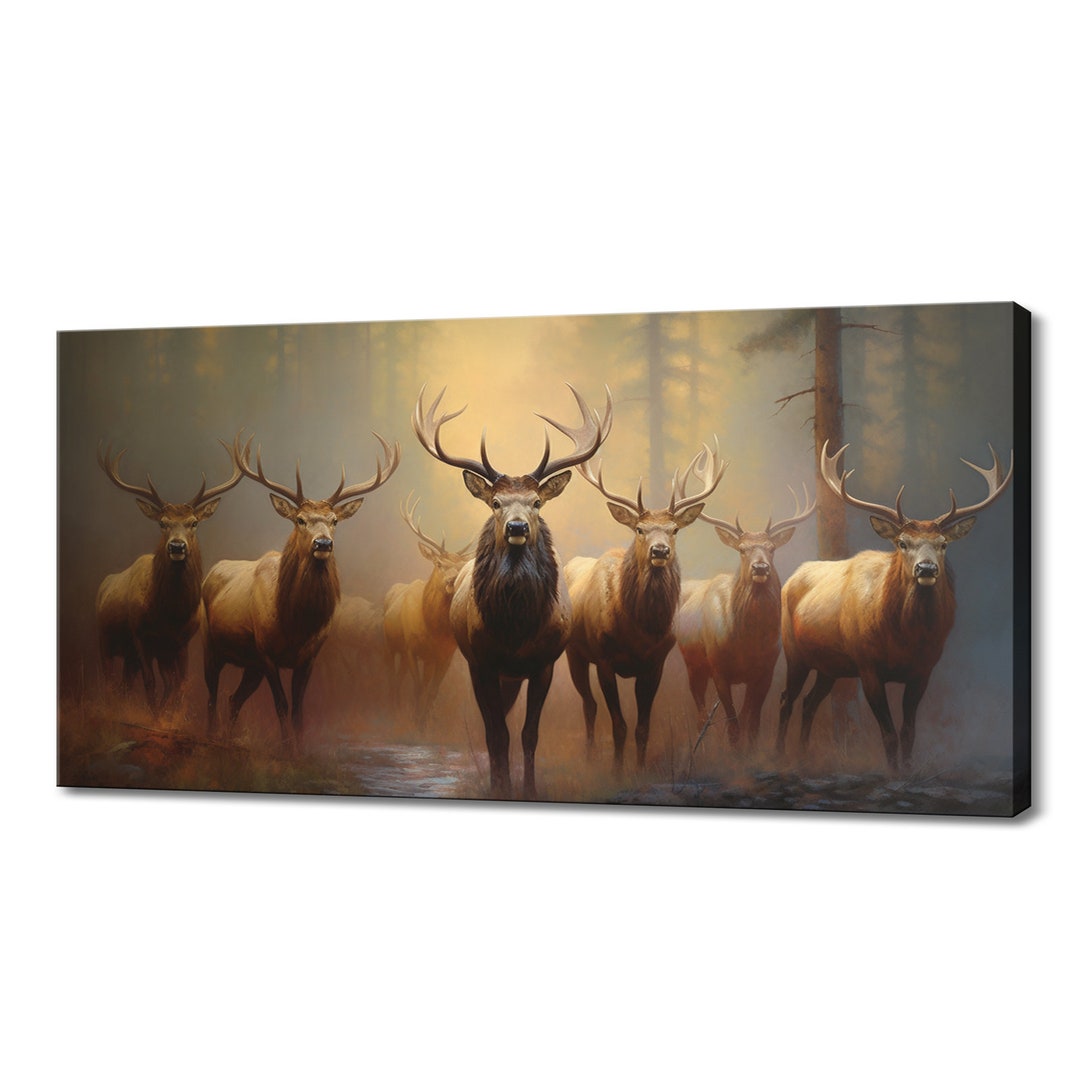 Stag Deer Herd in the Forest at Sunset Canvas Print I Wild Animals Wall ...