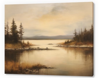 Vintage Pine Trees Lake Country Landscape, Antique Countryside Print, Moody Painting Canvas Print, Living Room Wall Art, Farmhouse Decor Art