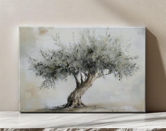 Olive Tree Sage Green Vintage Oil Painting Canvas Print, Landscape Farmhouse Decor Wall Art, Neutral Picture Wall Hanging Fine Art Print