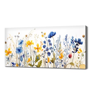 Yellow Blue Colourful Beautiful Spring Wildflowers Field Meadow, Modern Design Floral Home Decor, Watercolour Flowers Canvas Print Wall Art