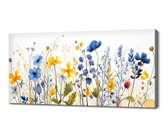 Yellow Blue Colourful Beautiful Spring Wildflowers Field Meadow, Modern Design Floral Home Decor, Watercolour Flowers Canvas Print Wall Art