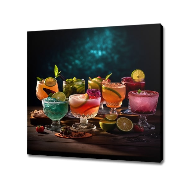 Collection Of Colourful Tropical Cocktails Glasses Canvas Print, Drinks Kitchen Wall Art, Bar Restaurant Wall Decor, Alcoholic Drinks Print