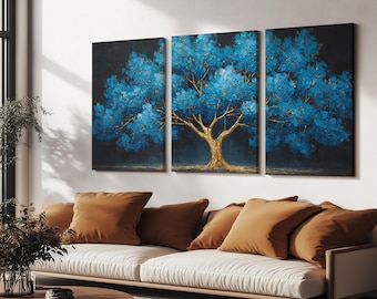 Obraz „Drzewo Życia” w kolorze niebieskim, zestaw trzech paneli na płótnie – nowoczesny wydruk w formie tryptyku na płótnie – owinięty w folię galeryjną i gotowy do powieszenia