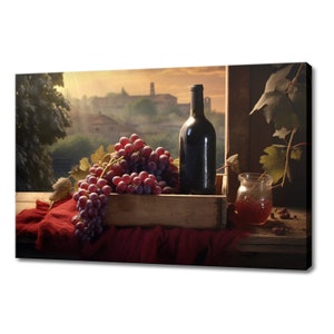 Vintage Bottle Of Red Wine With Grapes Tuscany Winery Canvas Print, Wine Lover Gift, Kitchen Restaurant Wall Art Print, Wine Wall Decor