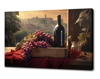 Vintage Bottle Of Red Wine With Grapes Tuscany Winery Canvas Print, Wine Lover Gift, Kitchen Restaurant Wall Art Print, Wine Wall Decor