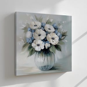 Beautiful Bouquet Of White Anemone Flowers Vintage Oil Painting Canvas Print Wall Hanging, Living Room Decor, Modern Design Floral Art Print