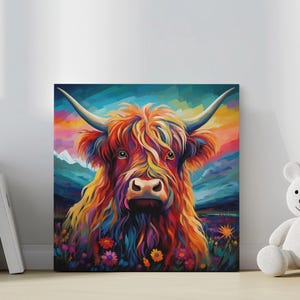 Colorful Highland Cattle Canvas Print – Vibrant Scottish Cow Wall Art – Bold Farmhouse Animal Decor for Rustic or Modern Interiors