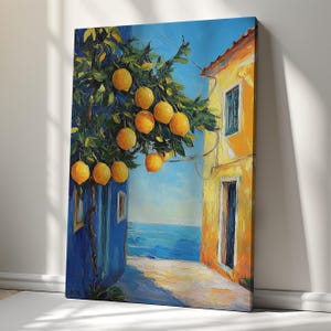 Lemon Tree Coastal Village Canvas Print – Mediterranean Kitchen Decor – Italian Seaside Landscape with Citrus Trees and Ocean View