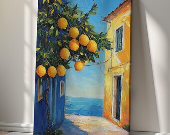 May include: Oil painting of a Mediterranean scene featuring a lemon tree with ripe yellow lemons. The artwork depicts a blue and yellow building with a view of the sea. The painting is on a canvas.
