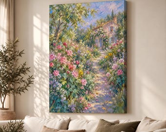 Sunlit Cottage Garden Canvas Print, Colourful Summer Floral Wall Art