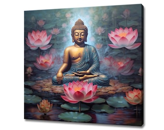 Calm Buddha Lotus Flowers Pond Canvas Print | Spiritual Print | Peaceful Neutral Home Decor | Zen Art Print | Buddhist Meditation Wall Art