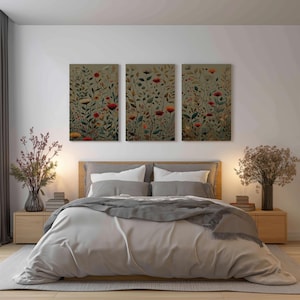 Brown and Green Flowers, Three Panel Floral Canvas Wall Art Set – Modern Triptych Print on Canvas – Gallery Wrapped & Ready to Hang