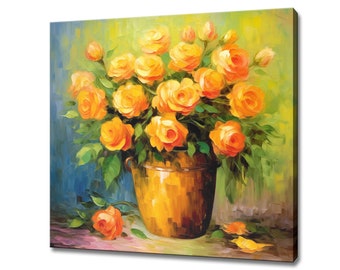 Vase Of Yellow Orange Roses Flowers Oil Painting Style Canvas Print Art Wall Hanging, Living Room Decor, Modern Design Floral Art Print,