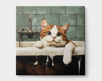 Cute Kitten in Bathtub Canvas Print Art - Cat Wall Decor for Bathroom, Pet Lover Gift, Whimsical Painting, Nursery or Bedroom Decoration