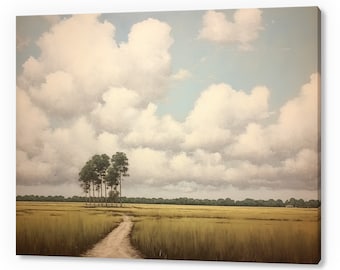 Vintage Country Road Landscape, Antique Countryside Print, Moody Painting Canvas Print, Living Room Wall Art, Farmhouse Decor Art