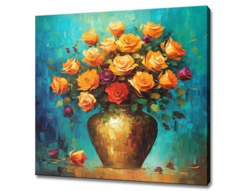 Yellow Orange Roses Flowers In Vase Oil Painting Style Canvas Print Art Wall Hanging, Living Room Decor, Modern Design Floral Art Print,