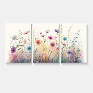 Pastel Colourful Wildflowers, Floral Three Panel Canvas Wall Art Set – Modern Triptych Print on Canvas – Gallery Wrapped & Ready to Hang
