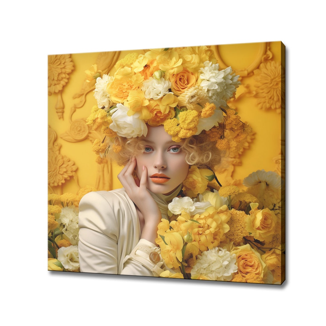 Yellow Orange Flowers Head Woman Canvas Print, Female Floral Portrait ...