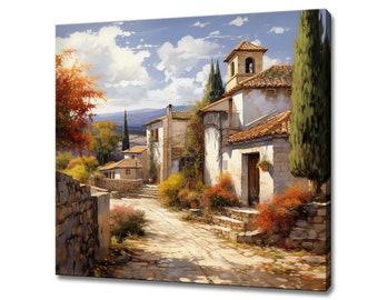 May include: A painting of a quaint, white-washed village street with a stone wall, cobblestone path, and lush greenery. The buildings have terracotta tile roofs and a bell tower. The sky is blue with fluffy white clouds.