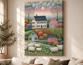 Foggy New England Farm Canvas Print, Colourful Folk Art Country Wall Art