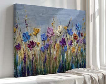Colourful Wildflowers in the Meadow, Floral Abstract Canvas Print Art – Contemporary Home Decor – High Quality and Ready to Hang