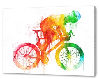 Colourful Cyclist Riding Bicycle Watercolour Wall Art Canvas Print Home Kids Room Decor Handmade Wall Hangings Customised Gifts