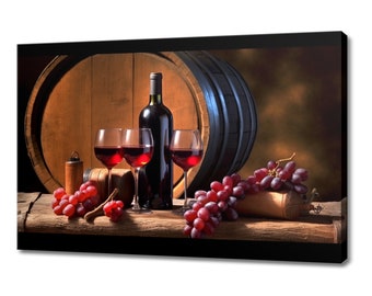 Vintage Bottle, Glasses Of Red Wine Grapes Barrel Winery Canvas Print, Wine Lover Gift, Kitchen Restaurant Wall Art Print, Wine Wall Decor