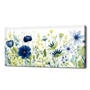 Blue Green Beautiful Spring Wildflowers Field Meadow, Modern Design Floral Art Home Decor, Watercolour Flowers Canvas Print Wall Art