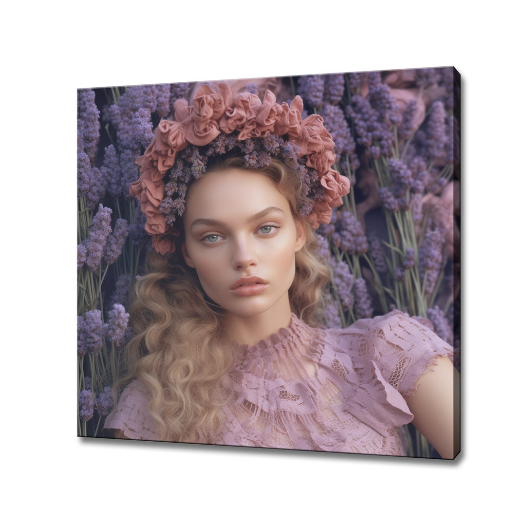 Lavender Pink Flowers Head Woman Canvas Print, Female Floral Portrait ...