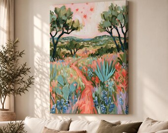 Texas Cowboy on Horse Canvas Print, Wildflower Western Landscape Wall Art