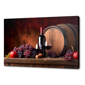 Vintage Barrel, Bottle Of Red Wine Grapes Tuscany Winery Canvas Print, Wine Lover Gift, Kitchen Restaurant Wall Art Print, Wine Wall Decor