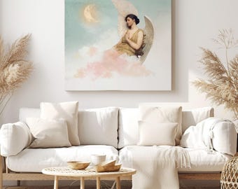 L'ange et la lune, peinture à l'huile vintage, impression sur toile, art mural - Reproduction de décoration d'intérieur classique