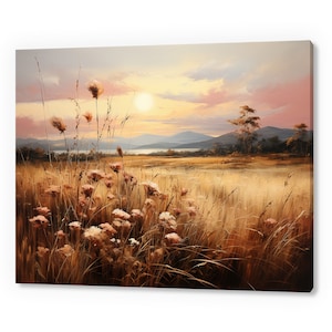 Vintage Country Flowers Meadow Landscape, Antique Countryside Print, Moody Painting Canvas Print, Living Room Wall Art, Farmhouse Decor Art