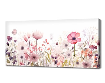 Linda rosa pastel colorida primavera flores silvestres campo prado, design moderno floral decoração de casa, aquarela flores impressão em tela arte de parede