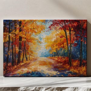 Road Through Autumn Forest Trees Canvas Print, Rustic Autumn Landscape Art, Vintage Living Room Wall Decor, Farmhouse Wall Art