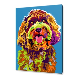 May include: A colorful pop art style illustration of a brown and white dog with a pink tongue sticking out. The dog's fur is depicted in shades of yellow, green, purple, and orange.