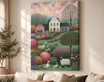 Colourful New England Farm Canvas Print, Whimsical Misty Country Wall Art