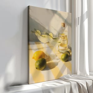 Lemon Limes and Cocktail Canvas Wall Art Print, Citrus Fruit and Drink Kitchen Decor, Vibrant Summer Bar Artwork, Tropical Beverage Painting
