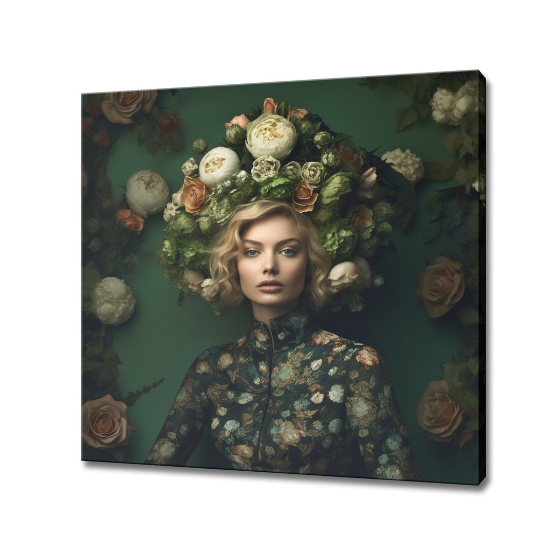 Dark Green Orange Flowers Head Woman Canvas Print, Female Floral ...