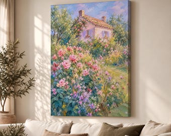 Pastel Cottage Among Roses Canvas Print, Romantic Summer Garden Wall Art