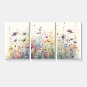 Three Panel Pastel Wildflowers Canvas Wall Art Set – Modern Floral Triptych Print on Canvas – Gallery Wrapped & Ready to Hang