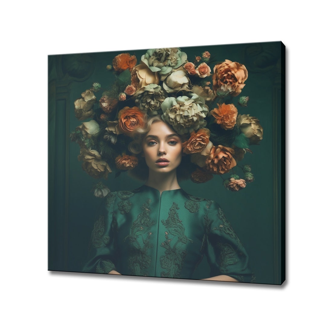 Dark Green Orange Flowers Head Woman Canvas Print, Shabby Chick Wall ...