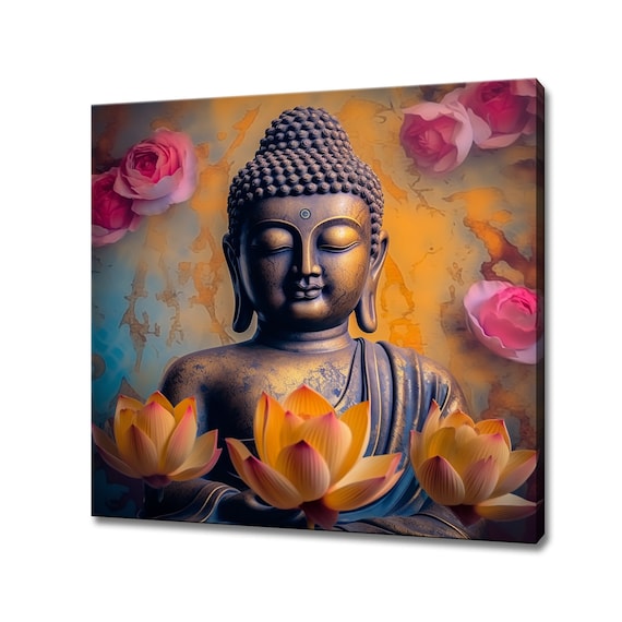 Buddha Orange Pink Flowers Canvas Print | Spiritual Art Print Wall