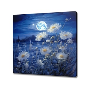 Moonlight Over Field Of Cornflowers The Oil Painting Style Canvas Print Wall Hanging, Living Room Decor, Modern Design Floral Art Print