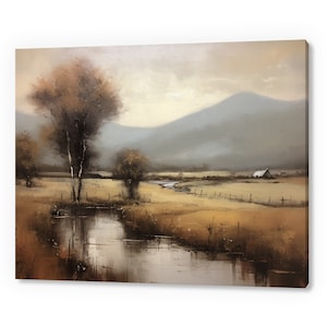 Vintage Landscape Country River, Antique Countryside Print, Moody Painting Canvas Print, Living Room Wall Art, Farmhouse Decor Art