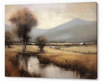 Vintage Landscape Country River, Antique Countryside Print, Moody Painting Canvas Print, Living Room Wall Art, Farmhouse Decor Art