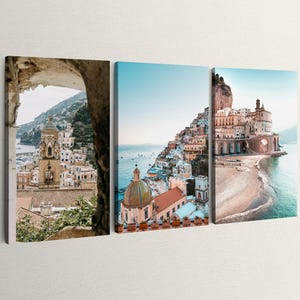 Morning View Of Amalfi, Italy Canvas Print, Set of three wall art, Landscape Wall Hanging Gift, Handmade Art Print, Fast Turnaround