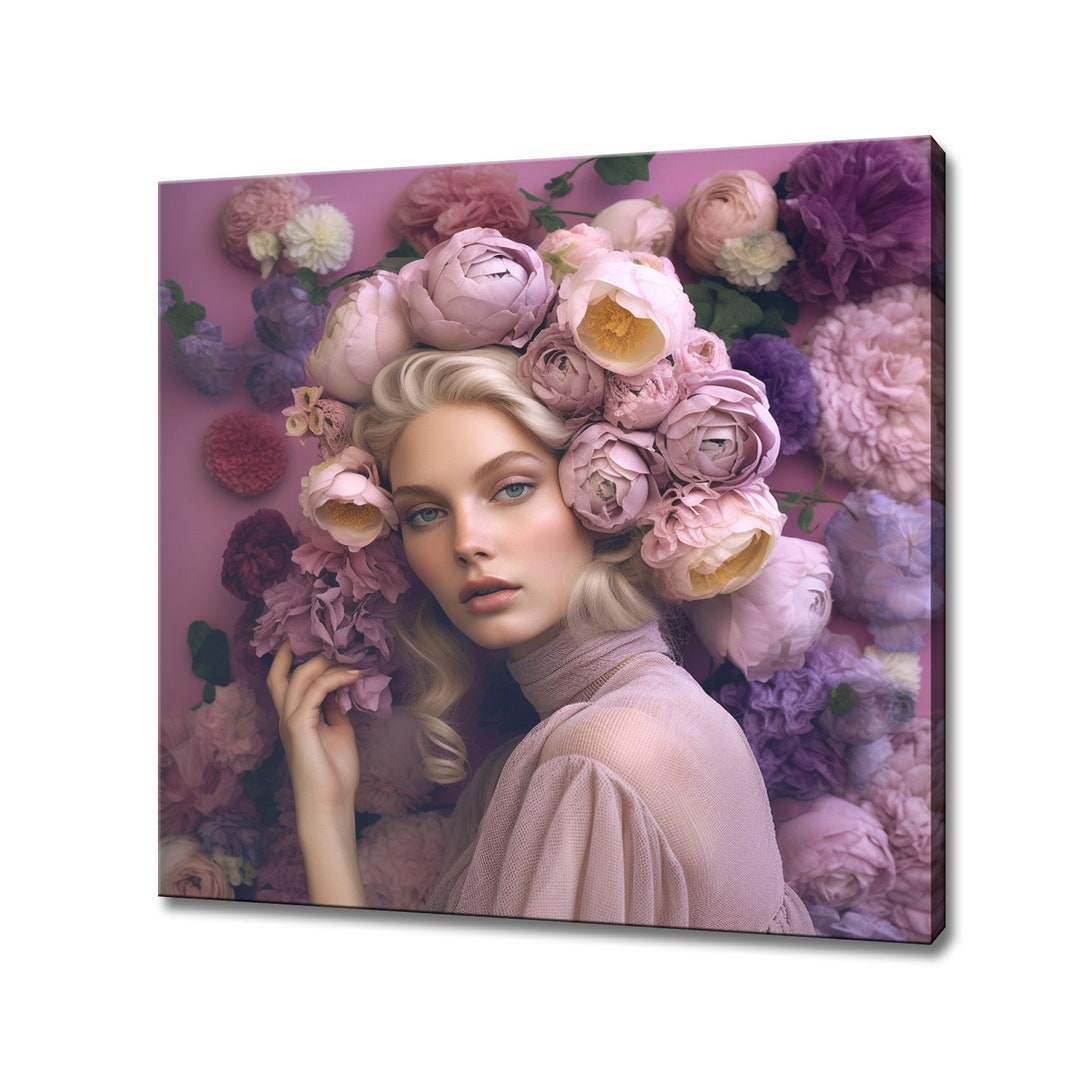 Purple Lilac Flowers Head Woman Canvas Print, Female Floral Portrait ...